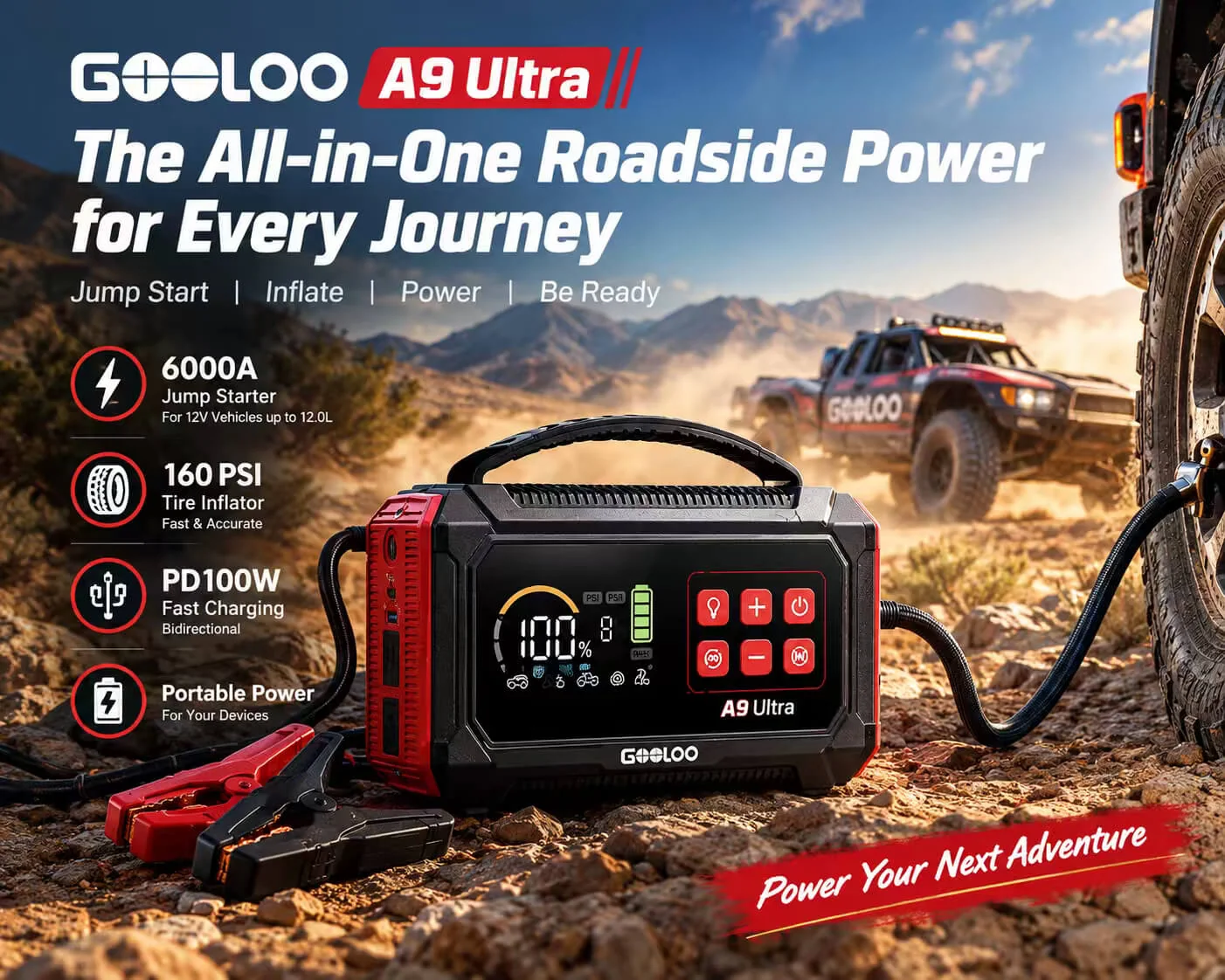 GOOLOO A9 Ultra: jump starter 6000A, calibrador de pneus 160 PSI e carregador PD100W